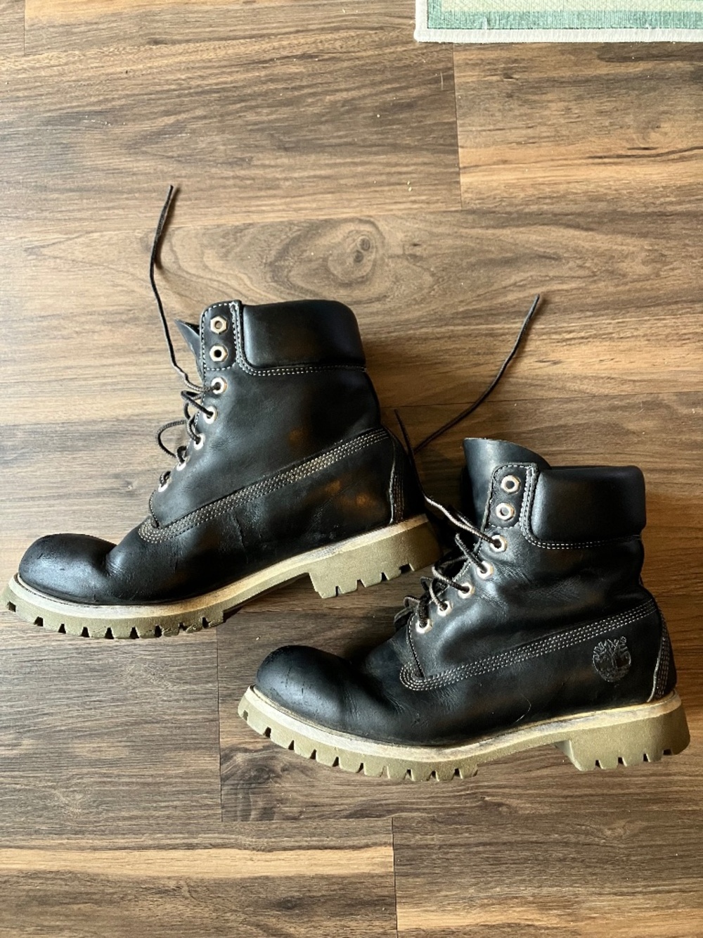 Vintage Timberland Black Leather Boots Men 9.5M Made in USA Distressed 6" Lug 27